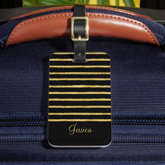 Moderne zwarte en gouden strepen bagagelabel (Voorkant Insitu 2)