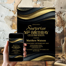 Moderne Zwarte en Gouden Verjaardagsfeest Surprise