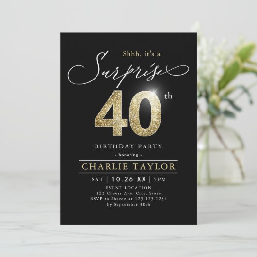 Moderne zwarte en gouden verrassing 40e verjaardag kaart (Staand voorkant)