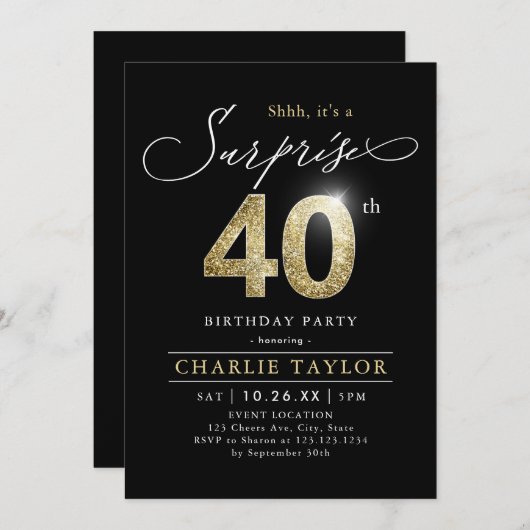 Moderne zwarte en gouden verrassing 40e verjaardag kaart (Voorkant / Achterkant)