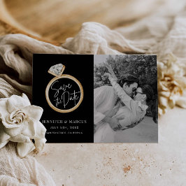 Moderne zwarte en goudfoto Save the Date Kaart