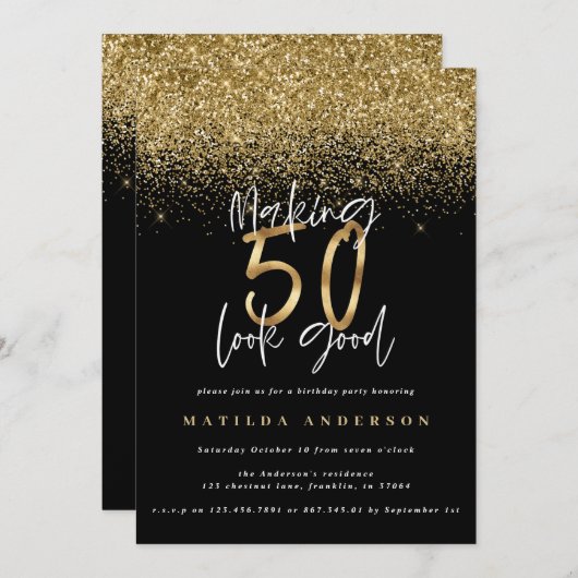 Moderne zwarte en goudglitter 50ste verjaardag (Voorkant / Achterkant)