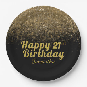Moderne zwarte en goudglitter - sparkle Birthday P Papieren Bordje
