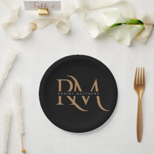 Moderne zwarte en goudInitialen Elegant Monogramme Papieren Bordje
