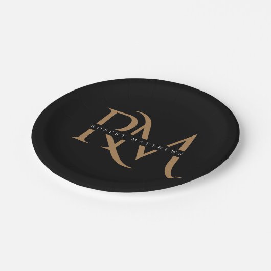 Moderne zwarte en goudInitialen Elegant Monogramme Papieren Bordje (Gekanteld)