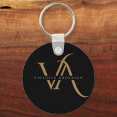 Moderne zwarte en goudInitialen Elegant Monogramme Sleutelhanger (Voorkant)