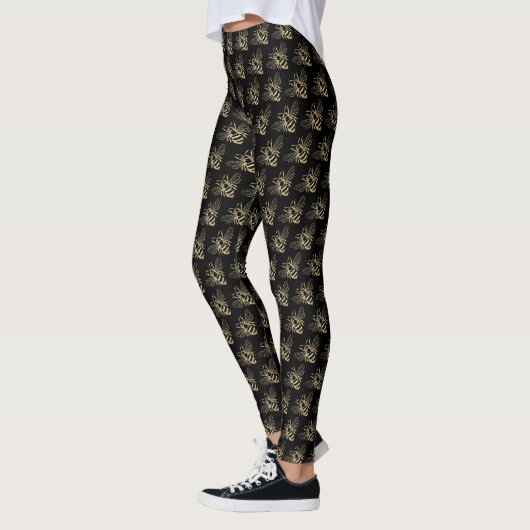 Moderne zwarte en goudkleurige kleine bijenpatrone leggings (Links)