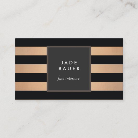 Moderne, zwarte en koperen stripte interieurontwer visitekaartje (Voorkant)