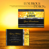 Moderne, zwarte en Oranje Glitter Logo Zilvergrens Visitekaartje