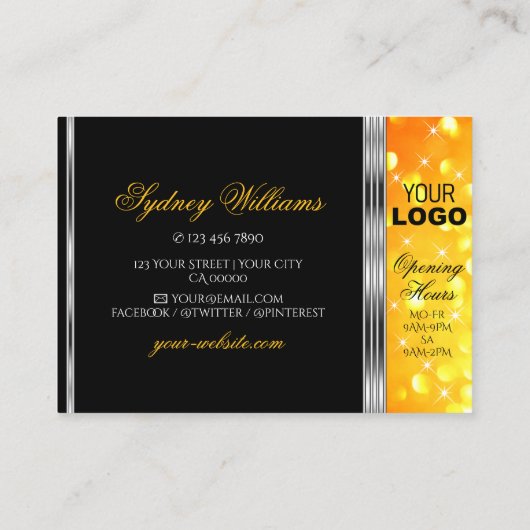 Moderne, zwarte en Oranje Glitter Logo Zilvergrens Visitekaartje (Achterkant)