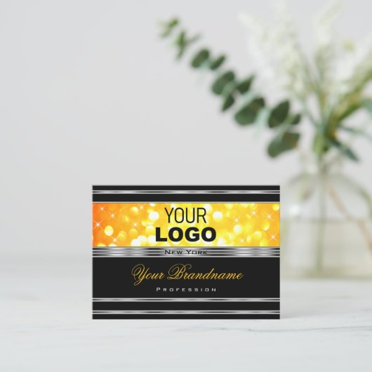 Moderne, zwarte en Oranje Glitter Logo Zilvergrens Visitekaartje (Staand voorkant)