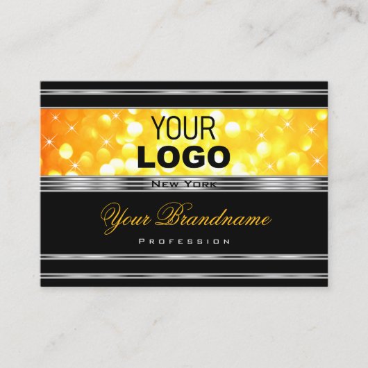 Moderne, zwarte en Oranje Glitter Logo Zilvergrens Visitekaartje (Voorkant)