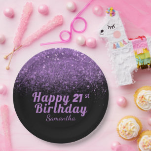 Moderne zwarte en Paarse glitter Sparkle 21-dag Papieren Bordje