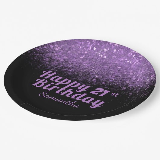 Moderne zwarte en Paarse glitter Sparkle 21-dag Papieren Bordje (Gekanteld)