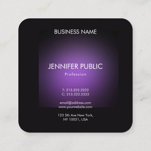 Moderne zwarte en Paarse Sjabloon in elegant Vierkante Visitekaartje (Achterkant)