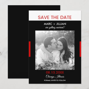 Moderne Zwarte en Rode Huwelijksfoto Save the Date Kaart