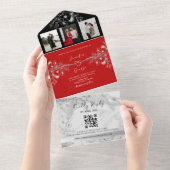 Moderne Zwarte en Rode QR Code Huwelijk All In One Uitnodiging (Afscheurbaar)