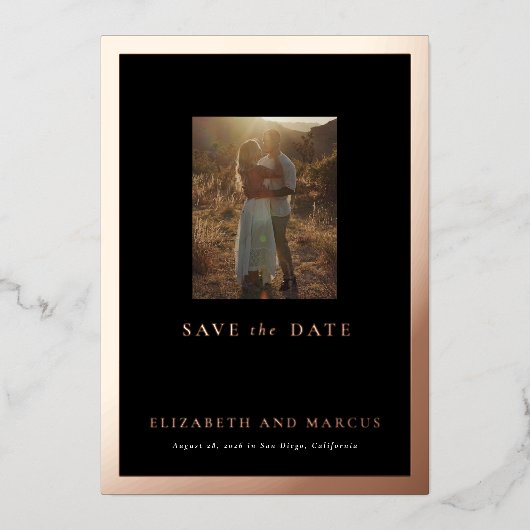 Moderne zwarte en Roos Gold Lijst Opslaan datum Folie Uitnodiging (Voorkant)