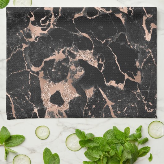 Moderne zwarte en Roos Gold Marble Pattern Theedoek (Gevouwen)