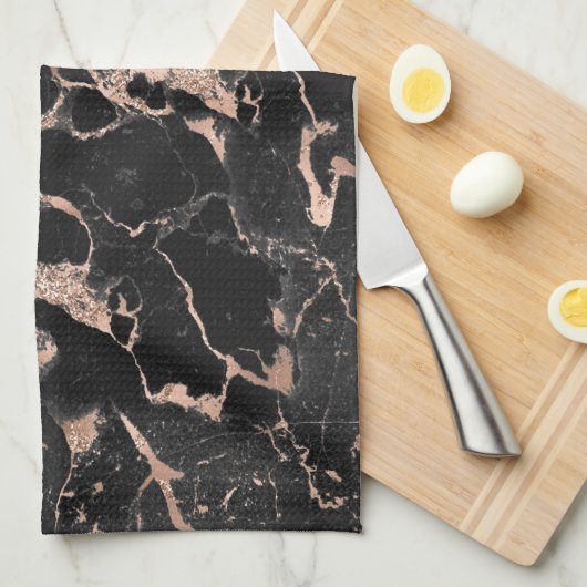 Moderne zwarte en Roos Gold Marble Pattern Theedoek (Quarter Fold)