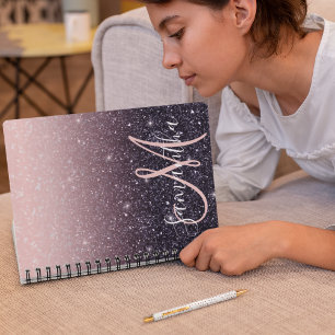 Moderne zwarte en roze glitter Sparkles Notitieboek