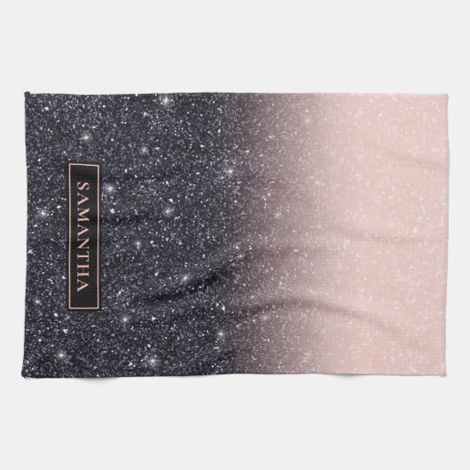 Moderne zwarte en roze glitter Sparkles Theedoek (Horizontaal)