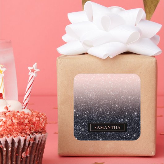 Moderne zwarte en roze glitter Sparkles Vierkante Sticker (Feest)