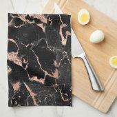 Moderne Zwarte en Roze Gouden Marmer Patroon Theedoek (Quarter Fold)