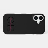 Moderne Zwarte en Roze Script Klassiek Monogram iPhone 16 Hoesje (Achterkant horizontaal)