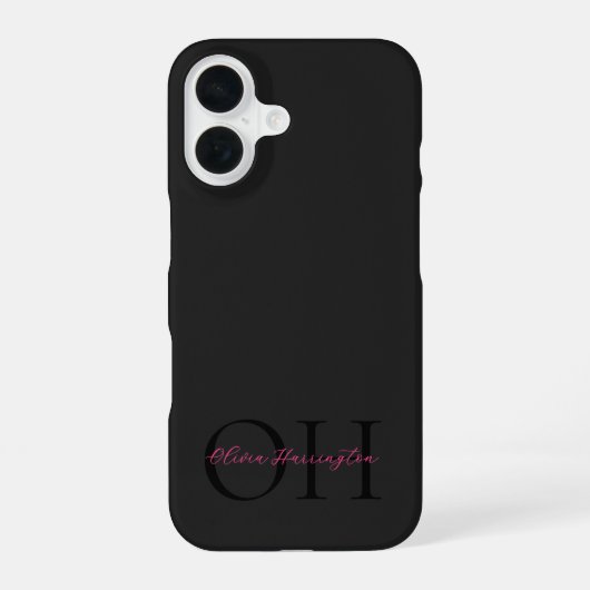 Moderne Zwarte en Roze Script Klassiek Monogram iPhone 16 Hoesje (Achterkant)