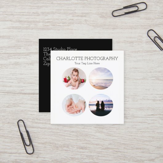 Moderne zwarte en witte 4 foto's vierkant vierkante visitekaartje (Voorkant / Achterkant in situ)