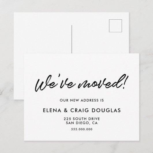 Moderne, zwarte en witte bewegende aankondiging briefkaart (Voorkant / Achterkant)