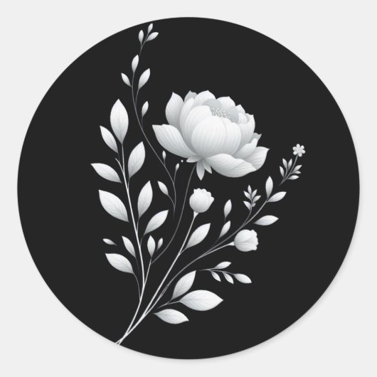 Moderne zwarte en witte bloemen ronde sticker (Voorkant)