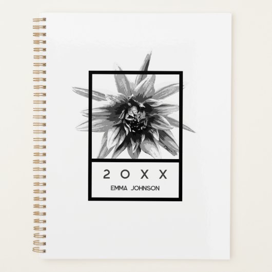 Moderne Zwarte en Witte Dahlia Bloemige Gepersonal Planner (Voorkant)