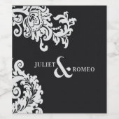 Moderne Zwarte en Witte Elegante Damast Huwelijk Wijn Etiket (Enkel label)