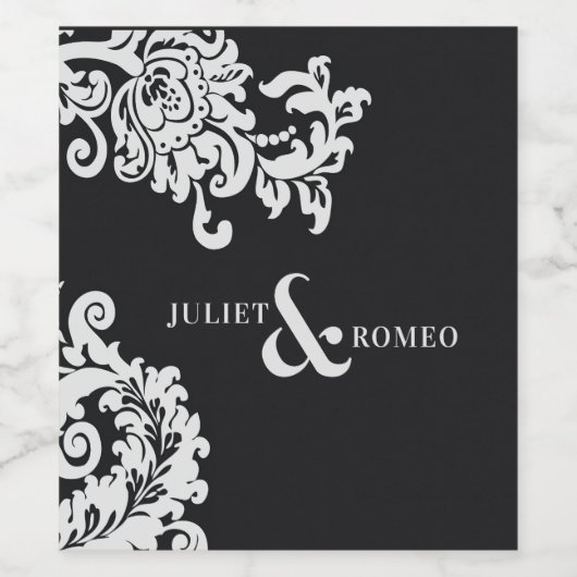 Moderne Zwarte en Witte Elegante Damast Huwelijk Wijn Etiket (Enkel label)