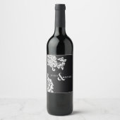 Moderne Zwarte en Witte Elegante Damast Huwelijk Wijn Etiket (Voorkant)