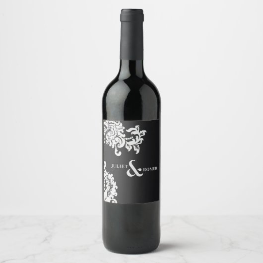 Moderne Zwarte en Witte Elegante Damast Huwelijk Wijn Etiket (Voorkant)