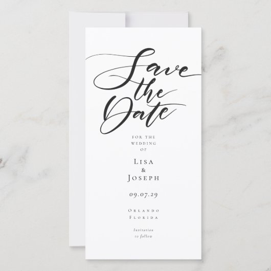 Moderne Zwarte en Witte Elegante Script Save The Date (Voorkant)