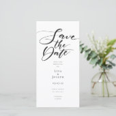Moderne Zwarte en Witte Elegante Script Save The Date (Staand voorkant)