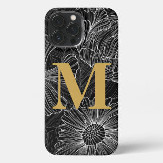 Moderne zwarte en witte Floral Monogram telefoonta iPhone 13 Pro Max Hoesje