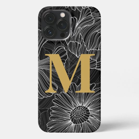 Moderne zwarte en witte Floral Monogram telefoonta iPhone Hoesje (Achterkant)