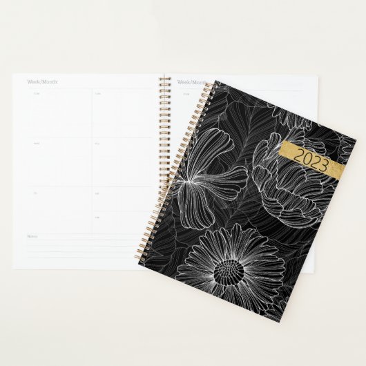 Moderne zwarte en witte Floral Spiral Planner (Display)