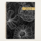 Moderne zwarte en witte Floral Spiral Planner (Voorkant)