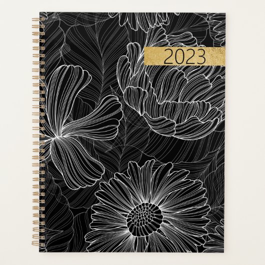 Moderne zwarte en witte Floral Spiral Planner (Voorkant)