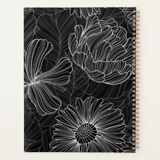 Moderne zwarte en witte Floral Spiral Planner (Achterkant)