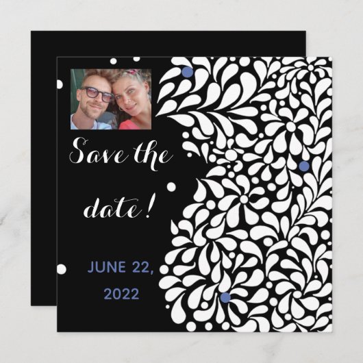 Moderne zwarte en witte florale bewaarder de datum save the date (Voorkant / Achterkant)