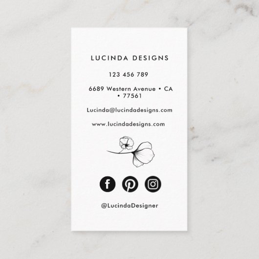 Moderne zwarte en witte florale lijnkunst visitekaartje (Achterkant)
