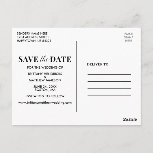 Moderne zwarte en witte foto Trendy Save the Date Briefkaart (Achterkant)