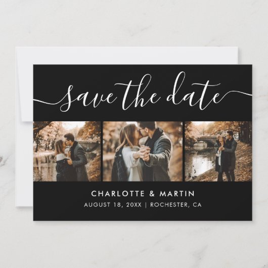 Moderne zwarte en witte fotocollage save the date (Voorkant)